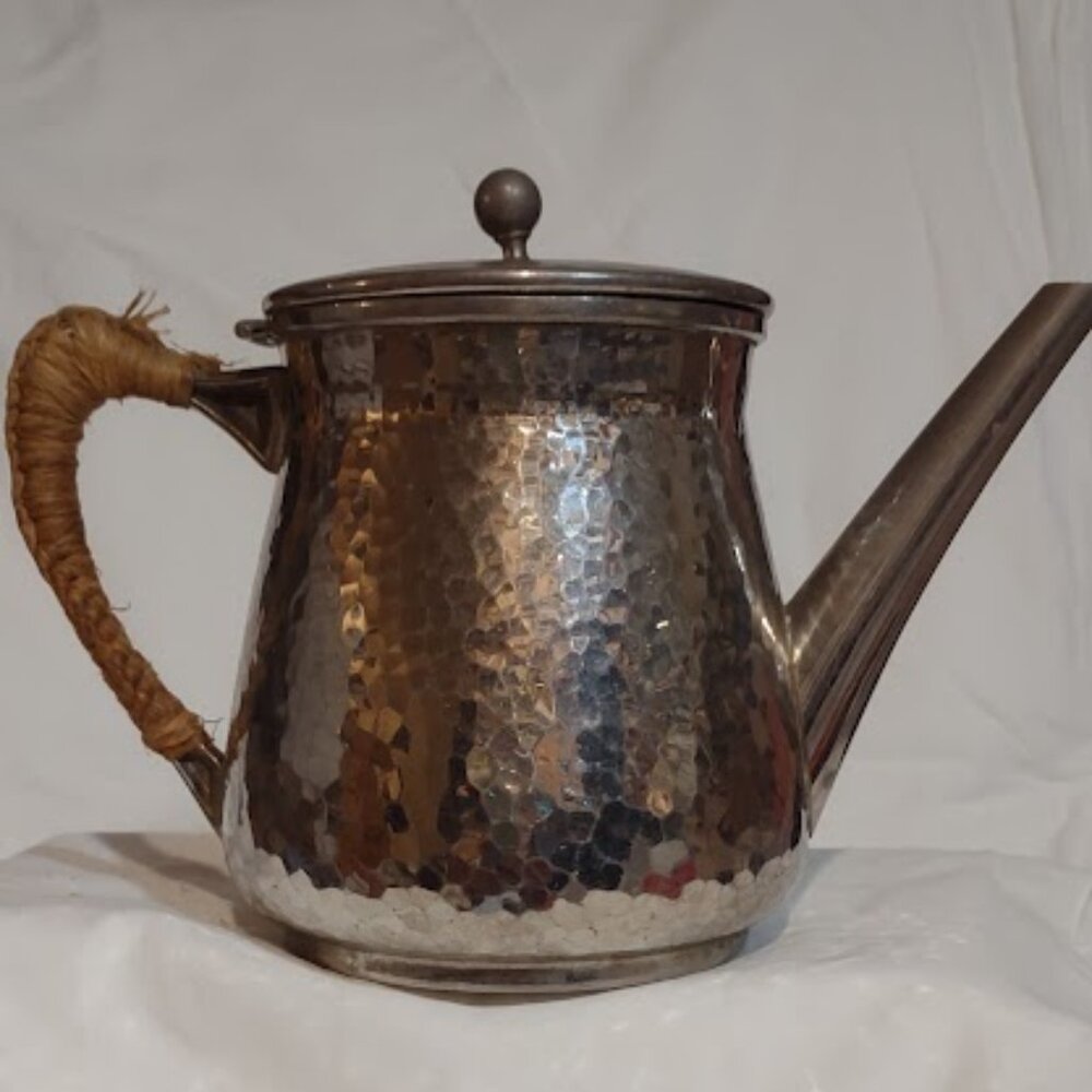 ART DECO STYLE MOKKA OR COFFEE POT HAND-HAMMERED FINISH BRAIDED RATTEN HANDLE